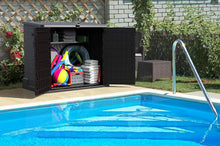 Load image into Gallery viewer, Duramax StoreAway 1200L Plastic Garden Shed/ Flat Lid,Outdoor Storage Shed,Wheelie Bin Hideaways,Wheelie bin box,Durable Construction,Ideal for Bikes,BBQs &amp; 2x 240L Bins,145x85x125 cm,Brown
