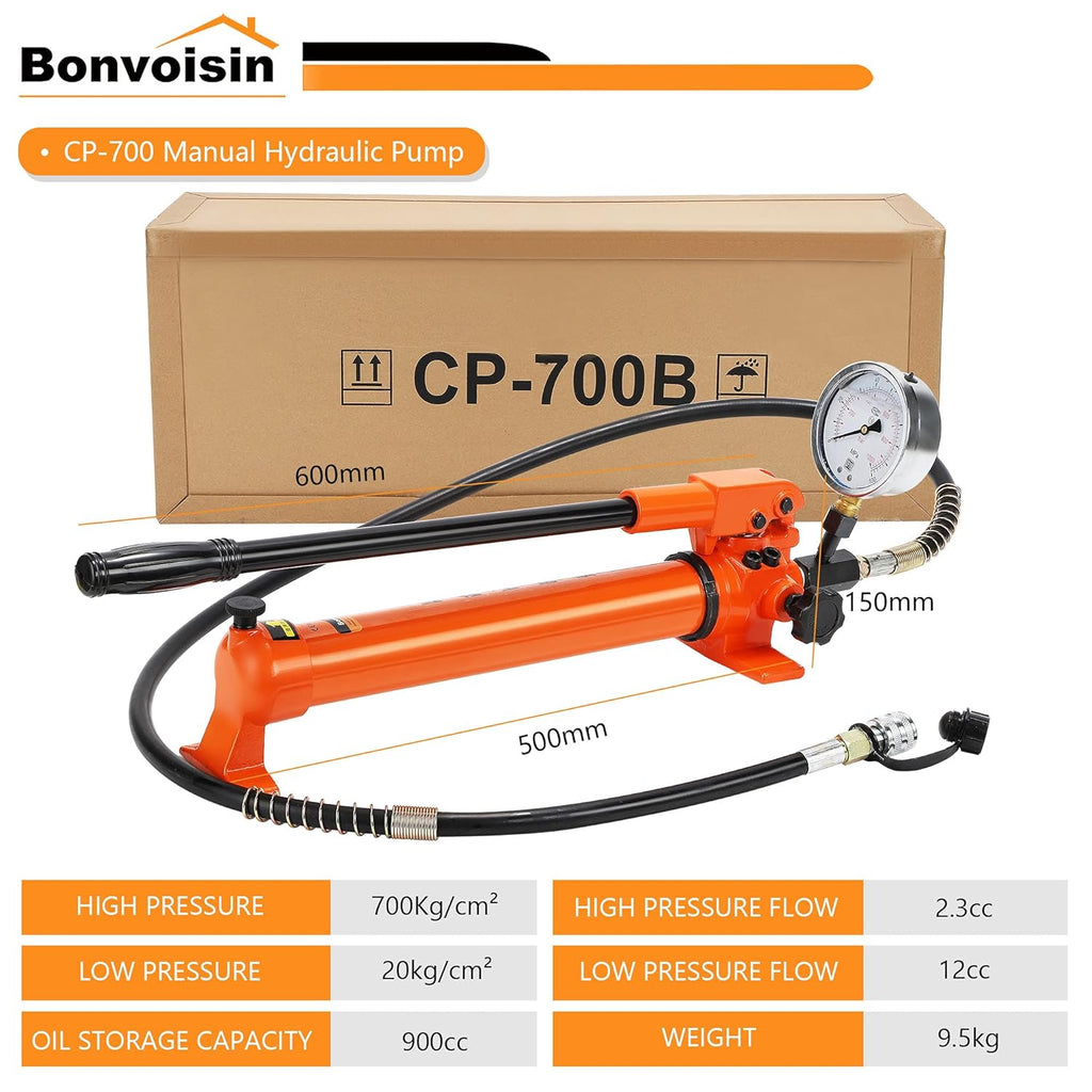 Bonvoisin CP-700 Pompe Hydraulique Manuelle avec Manomètre Haute Pression 700 kg/cm² Teneur en Huile 900cc pour des Outils Hydrauliques
