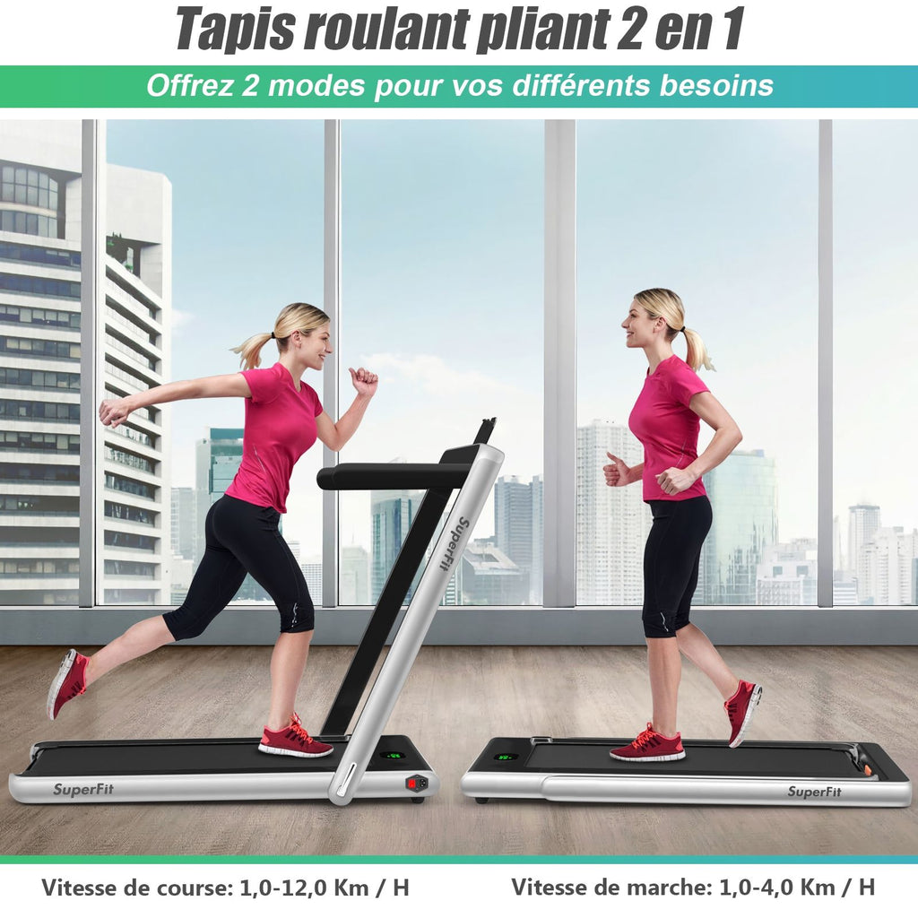 2 en 1 Tapis de Course Electrique Pliable 1 à 12 Km/H avec Haut-parleur Bluetooth Télécommande Moteur 0,75HP Vert/Blanc/Noir/Rouge/Or/Noir et Argenté/Bleu -