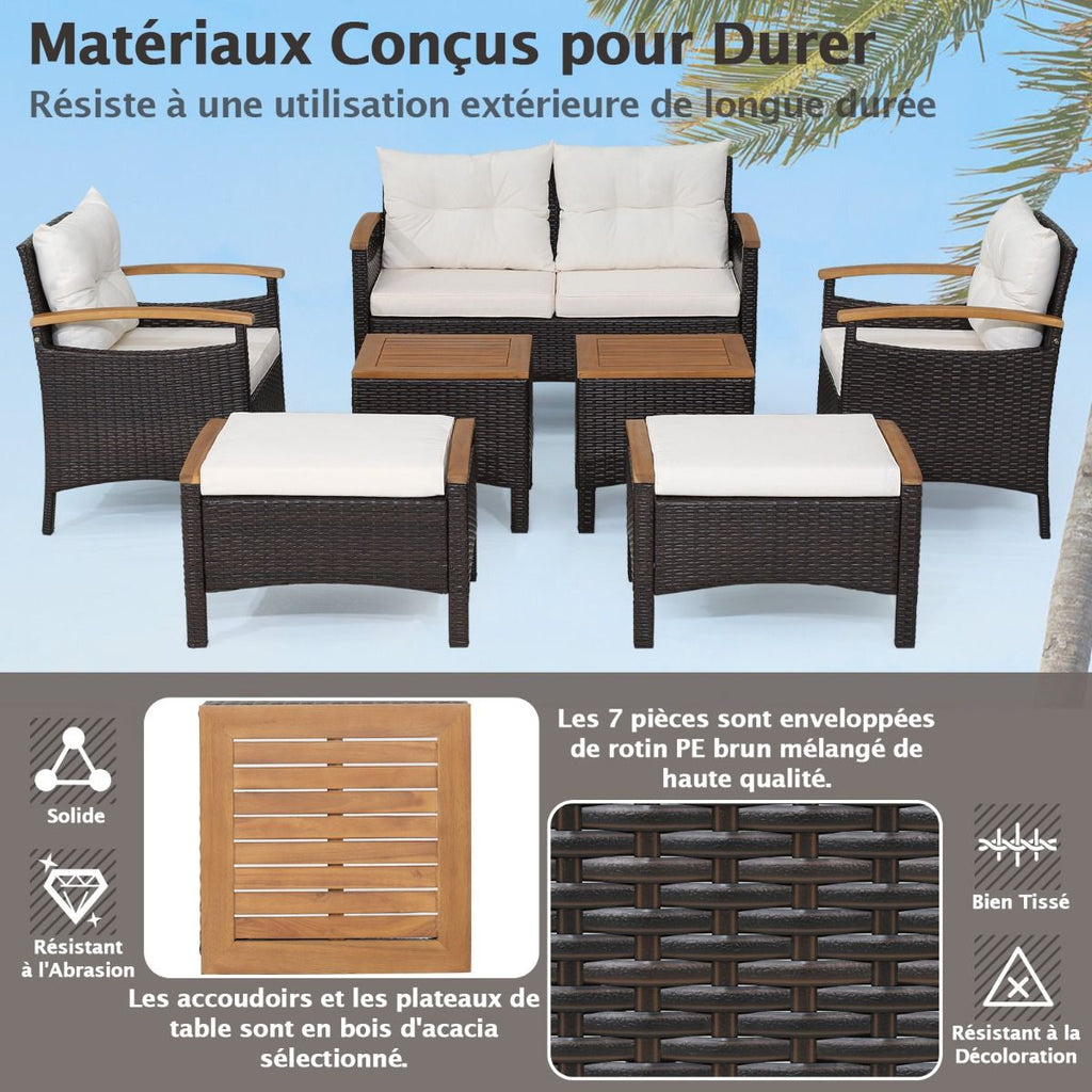 Ensemble de Canapés de Patio en Rotin PE 7 Pièces avec Coussins d'Assise et de Dossier 2 Poufs 2 Tables Basses Plateau de Table -