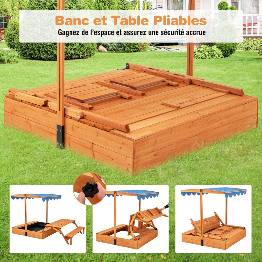 Bac à Sable en Bois pour Enfants avec Couvercle Aire de Jeux avec Table Sensorielle Pliable & Banc Parasol Ajustable pour 3+ Ans Naturel -