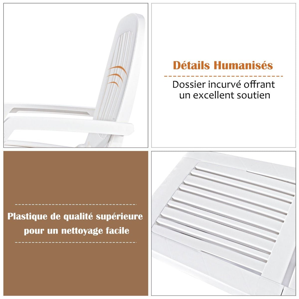 Chaise Longue Inclinable Rglable  5 Positions avec Roues Flexibles Fauteuil Relax de Camping avec Bo卯te de Rangement Charge 150KG Blanc -