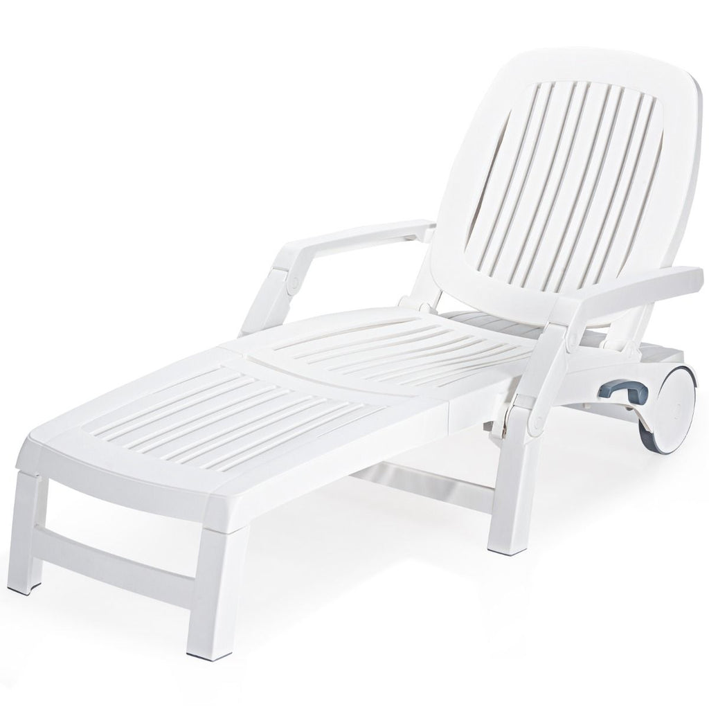 Chaise Longue Inclinable Réglable à 5 Positions avec Roues Flexibles Fauteuil Relax de Camping avec Boîte de Rangement Charge 150KG Blanc -