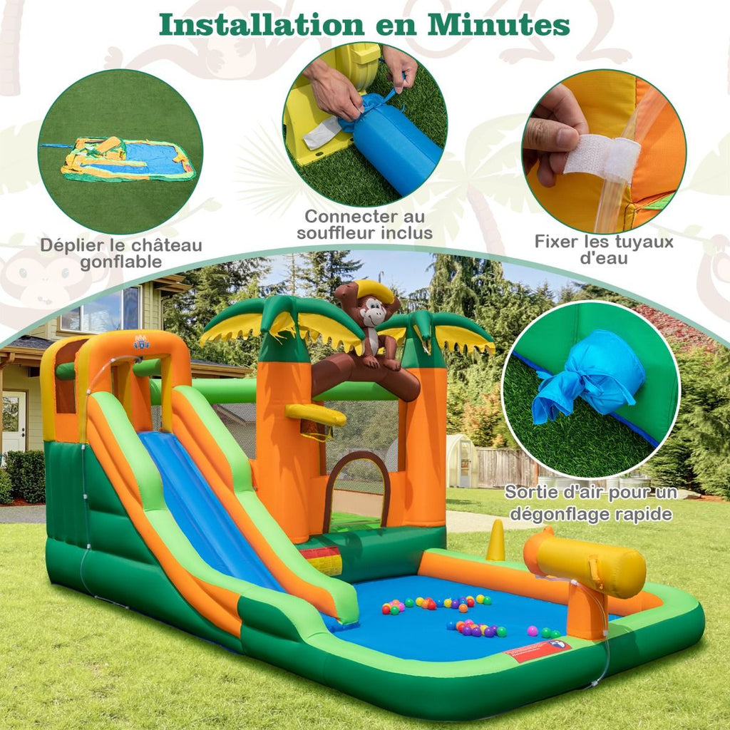7 en 1 Ch芒teau Gonflable Tropical  Thme Singe & Palmier avec Toboggan Aquatique avec Piscine & 50 Boules Charge 90kg pour 2 Enfants de 3-10 Ans -