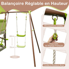 Load image into Gallery viewer, Balançoire 7-en-1 Aire de Jeu en Métal avec Fort Couvert Réglable en Hauteur Corde d'Escalade Bac à Sable Glisseur Toboggan Ondulé Vert -