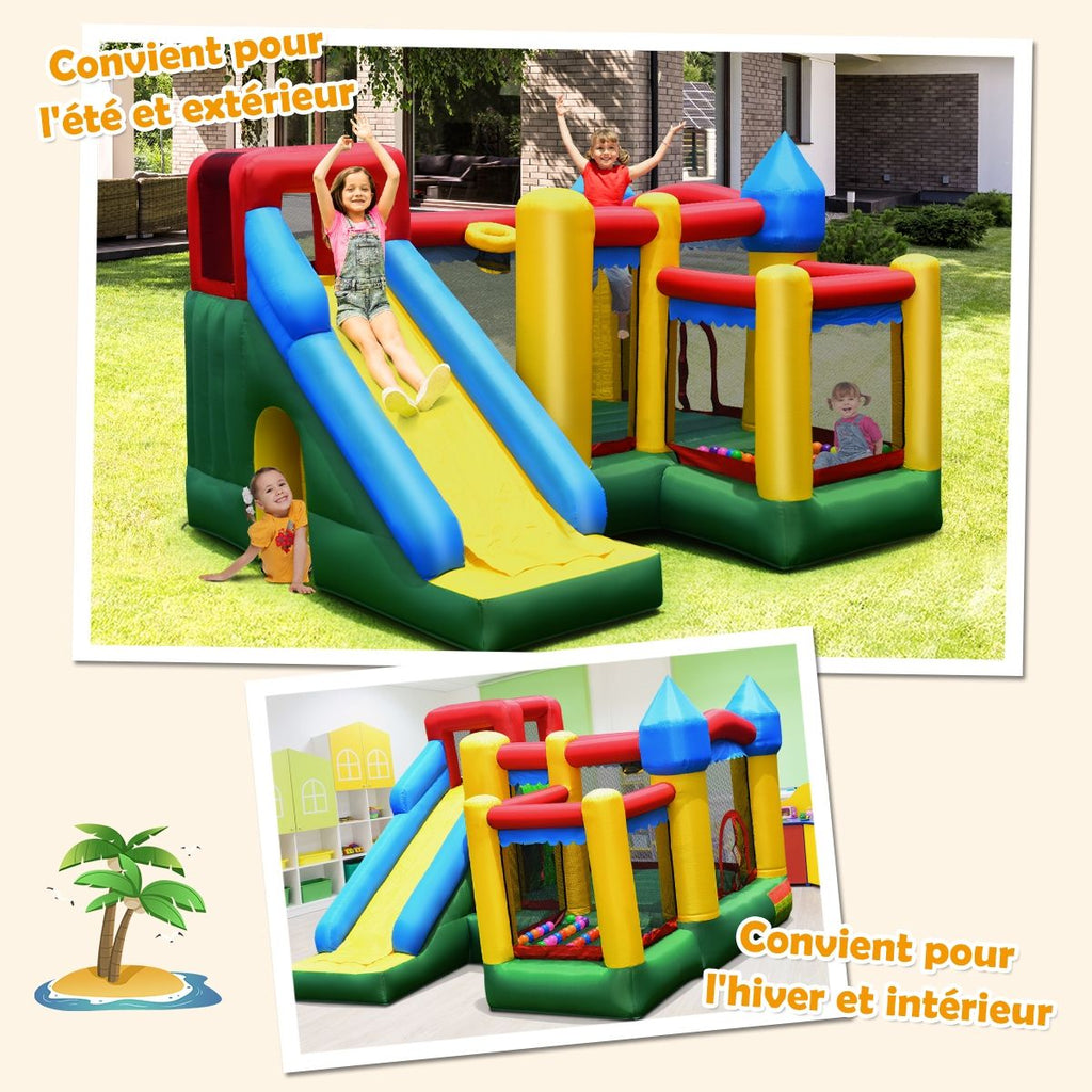 Château Gonflable 4 en 1 pour Enfant 3-10 Ans avec Toboggan Aire de Saut Mur d’Escalade Panier de Basketball -