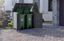 Load image into Gallery viewer, Duramax StoreAway 1200L Plastic Garden Shed/ Flat Lid,Outdoor Storage Shed,Wheelie Bin Hideaways,Wheelie bin box,Durable Construction,Ideal for Bikes,BBQs &amp; 2x 240L Bins,145x85x125 cm,Brown