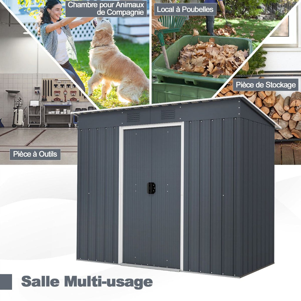 Abri de Jardin Métal 2,4 ㎡ Toit Monopente Cabane de Jardin 2 Portes Coulissantes Verrouillables Fondation 2 Trous d'Aération Gris -