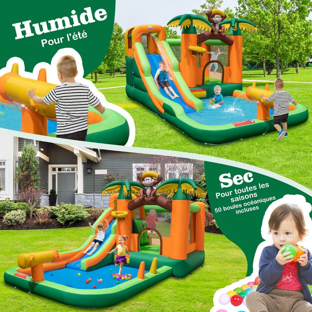 7 en 1 Ch芒teau Gonflable Tropical  Thme Singe & Palmier avec Toboggan Aquatique avec Piscine & 50 Boules Charge 90kg pour 2 Enfants de 3-10 Ans -
