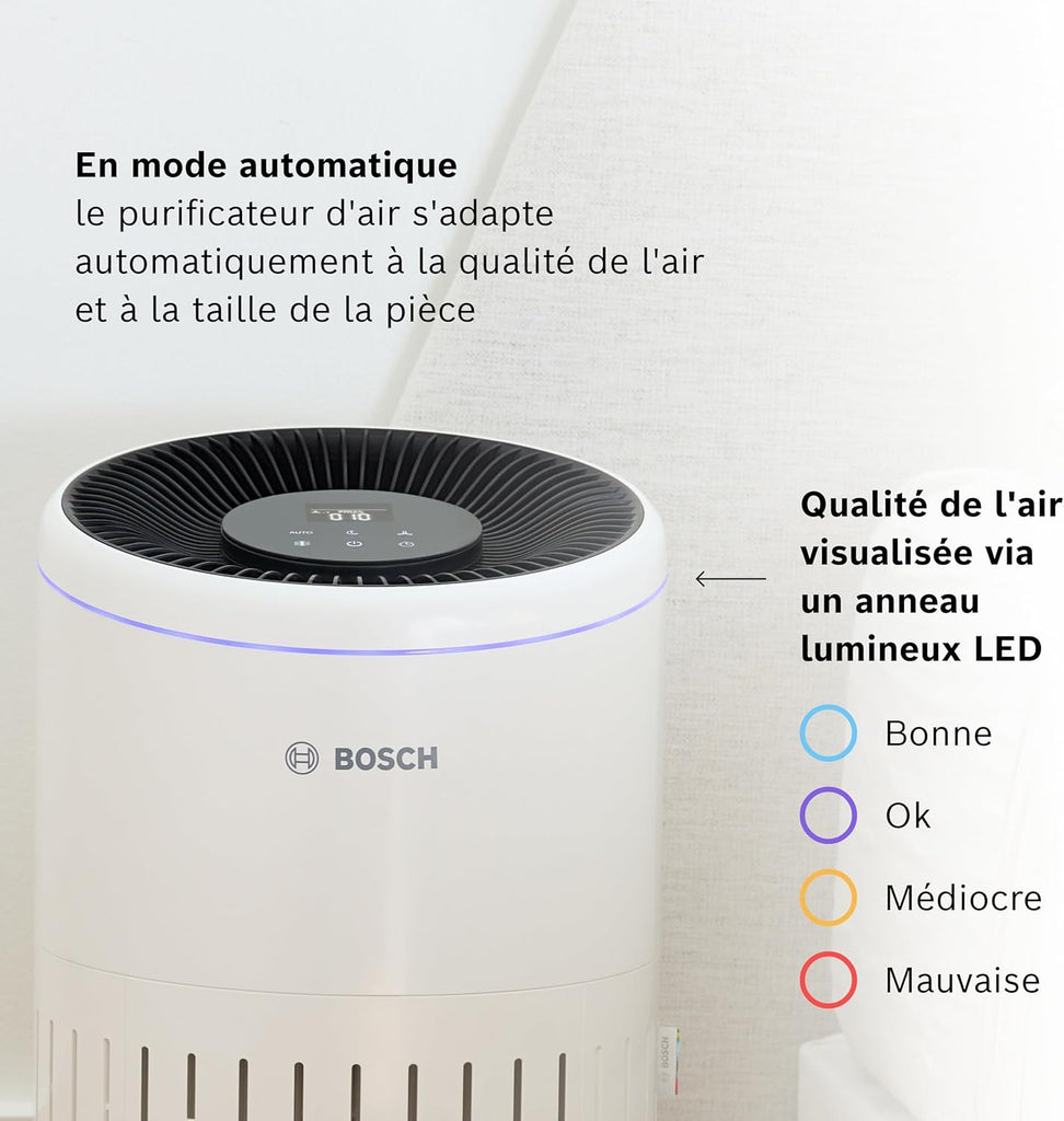 Bosch Air 4000 - Purificateur d'air - Pour les pièces jusqu'à 62,5 m² - Filtre efficacement plus de 99% des polluants - Un capteur intelligent, modes auto et silence (< 25 dB(A)) - CADR : 300 m³/h