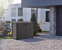 Load image into Gallery viewer, Duramax StoreAway 1200L Plastic Garden Shed/ Flat Lid,Outdoor Storage Shed,Wheelie Bin Hideaways,Wheelie bin box,Durable Construction,Ideal for Bikes,BBQs &amp; 2x 240L Bins,145x85x125 cm,Brown