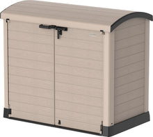 Load image into Gallery viewer, Duramax StoreAway 1200L Plastic Garden Shed/ Flat Lid,Outdoor Storage Shed,Wheelie Bin Hideaways,Wheelie bin box,Durable Construction,Ideal for Bikes,BBQs &amp; 2x 240L Bins,145x85x125 cm,Brown