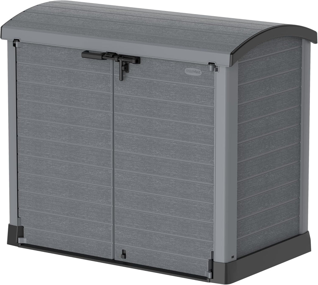 Duramax StoreAway 1200L Plastic Garden Shed/ Flat Lid,Outdoor Storage Shed,Wheelie Bin Hideaways,Wheelie bin box,Durable Construction,Ideal for Bikes,BBQs & 2x 240L Bins,145x85x125 cm,Brown
