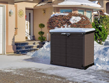 Load image into Gallery viewer, Duramax StoreAway 1200L Plastic Garden Shed/ Flat Lid,Outdoor Storage Shed,Wheelie Bin Hideaways,Wheelie bin box,Durable Construction,Ideal for Bikes,BBQs &amp; 2x 240L Bins,145x85x125 cm,Brown