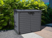 Load image into Gallery viewer, Duramax StoreAway 1200L Plastic Garden Shed/ Flat Lid,Outdoor Storage Shed,Wheelie Bin Hideaways,Wheelie bin box,Durable Construction,Ideal for Bikes,BBQs &amp; 2x 240L Bins,145x85x125 cm,Brown