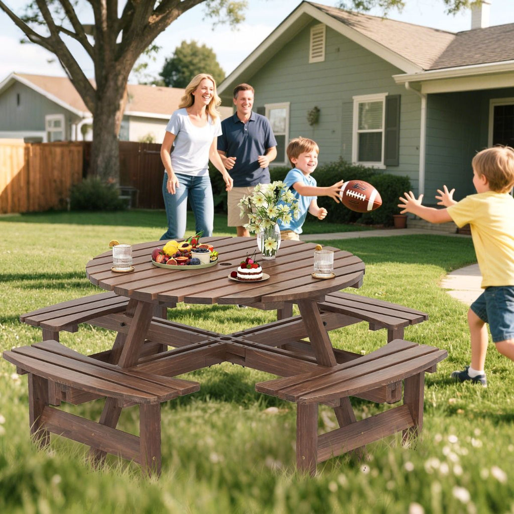 Ensemble Table de Pique-Nique en Bois pour 2 à 8 Personnes Set Table et Banc Circulaire avec 4 Bancs Intégrés Trou de Parasol de 5cm Marron/Jaune -