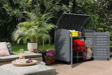 Load image into Gallery viewer, Duramax StoreAway 1200L Plastic Garden Shed/ Flat Lid,Outdoor Storage Shed,Wheelie Bin Hideaways,Wheelie bin box,Durable Construction,Ideal for Bikes,BBQs &amp; 2x 240L Bins,145x85x125 cm,Brown