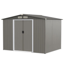 Load image into Gallery viewer, Abri de Jardin Mtal Extrieur 9.74m鲁 Acier Galvanis avec Fondation 4 Persiennes Double Porte et Rampe 260 x 207 x 181 cm Gris Fonc/Gris Clair -