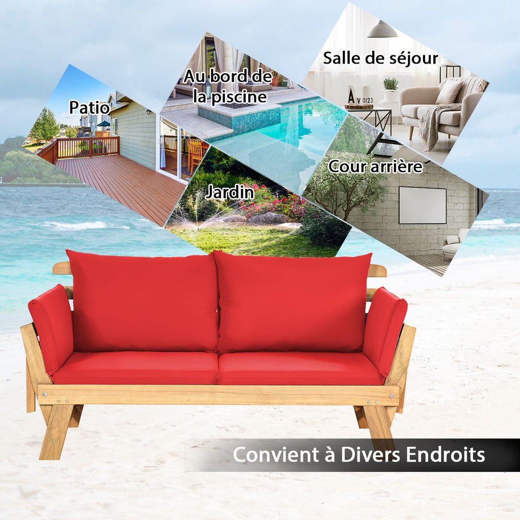Chaise Longue Convertible avec Coussin Canapé de Jardin 2 en 1 en Bois d’Acacia avec Accoudoir Réglable pour Patio Piscine Jardin Blanc/Gris/Bleu/Rouge -