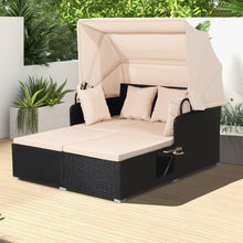 Load image into Gallery viewer, Chaise Longue à 2 Places en Rotin avec Auvent Rétractable Bain de Soleil avec Panneaux Latéraux Pliables Charge 360KG Beige/Gris -