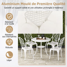 Load image into Gallery viewer, 5 Pcs Salon de Jardin en Fonte d'Aluminium Trou pour Parasol Repose-pieds Réglables Ensemble de Table Ronde et 4 Chaises Blanc -