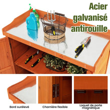 Load image into Gallery viewer, Costwy Rangement de Jardin Armoire en Bois Table de Jardinage avec Etagère Amovible 4 Roues Universelles Plateau en Acier Galvanisé -