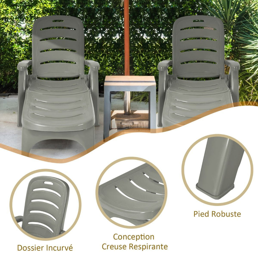 Chaise Longue Pliable Dossier Inclinable à 5 Positions avec Roues Intégrées pour Terrasse Jardin Piscine 150 kg Gris/Blanc/Bleu -