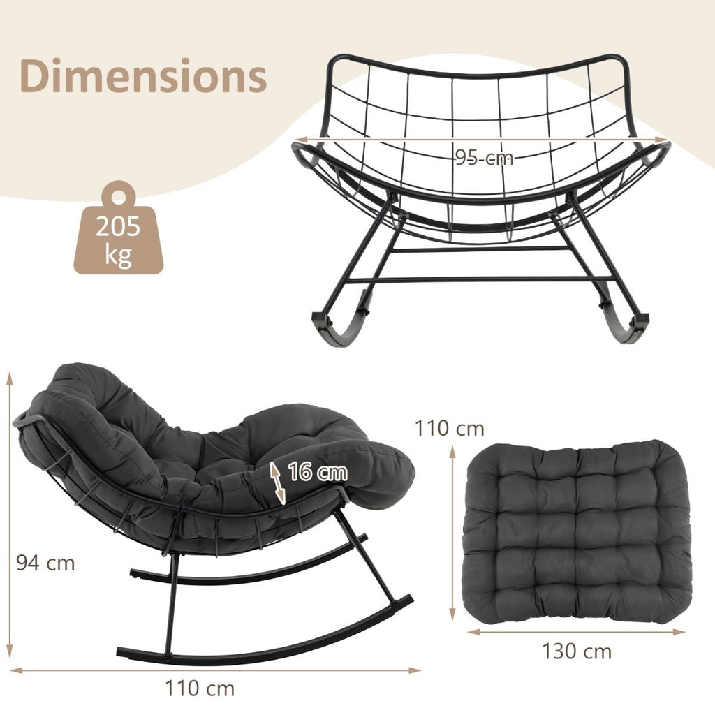 Chaise à Bascule d'Intérieur et d'Extérieur Chaise Papasan Surdimensionnée avec Coussin Rembourré & Cadre en Métal Capacité 205 Kg Gris -