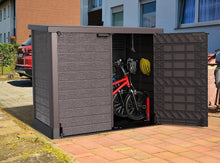 Load image into Gallery viewer, Duramax StoreAway 1200L Plastic Garden Shed/ Flat Lid,Outdoor Storage Shed,Wheelie Bin Hideaways,Wheelie bin box,Durable Construction,Ideal for Bikes,BBQs &amp; 2x 240L Bins,145x85x125 cm,Brown