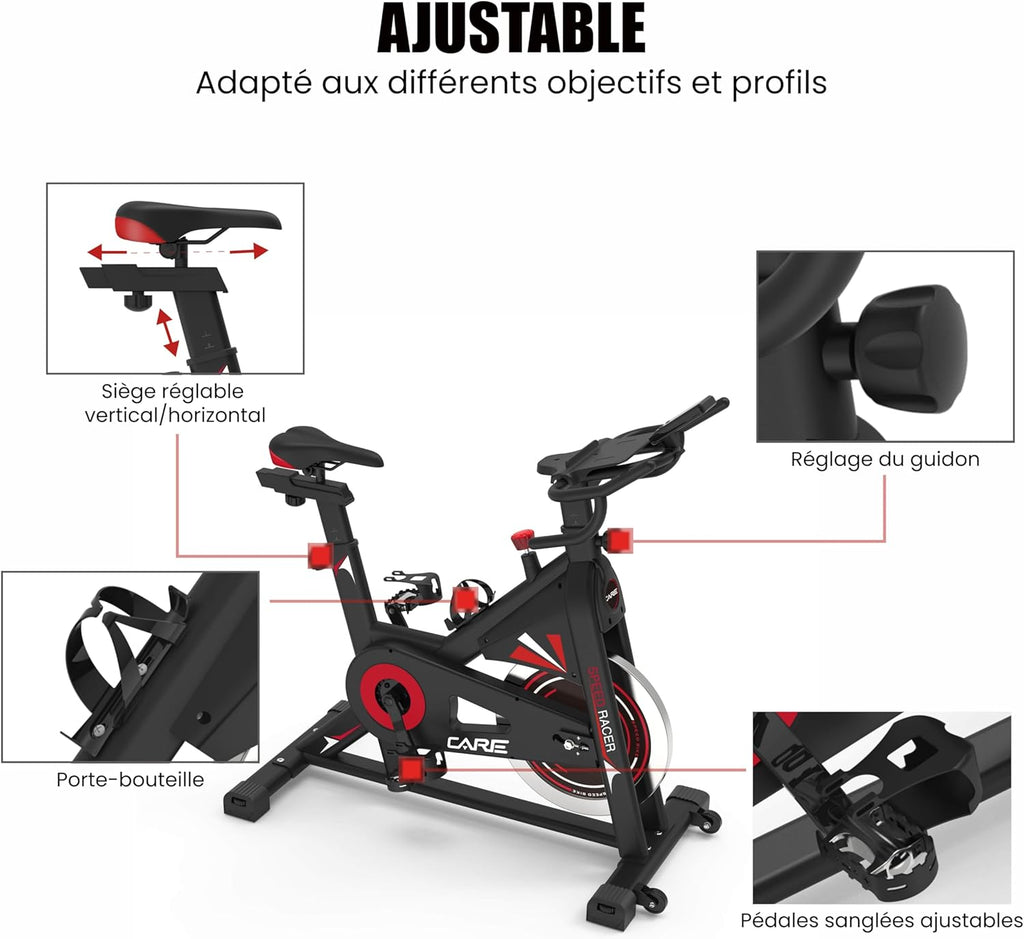 CARE FITNESS - VÉLO DE BIKING - Speed racer - velo d'appartement avec écran LCD-Masse d'inertie 22kg-Guidon et selle réglable