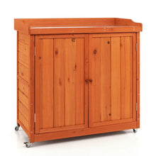 Load image into Gallery viewer, Costwy Rangement de Jardin Armoire en Bois Table de Jardinage avec Etagère Amovible 4 Roues Universelles Plateau en Acier Galvanisé -