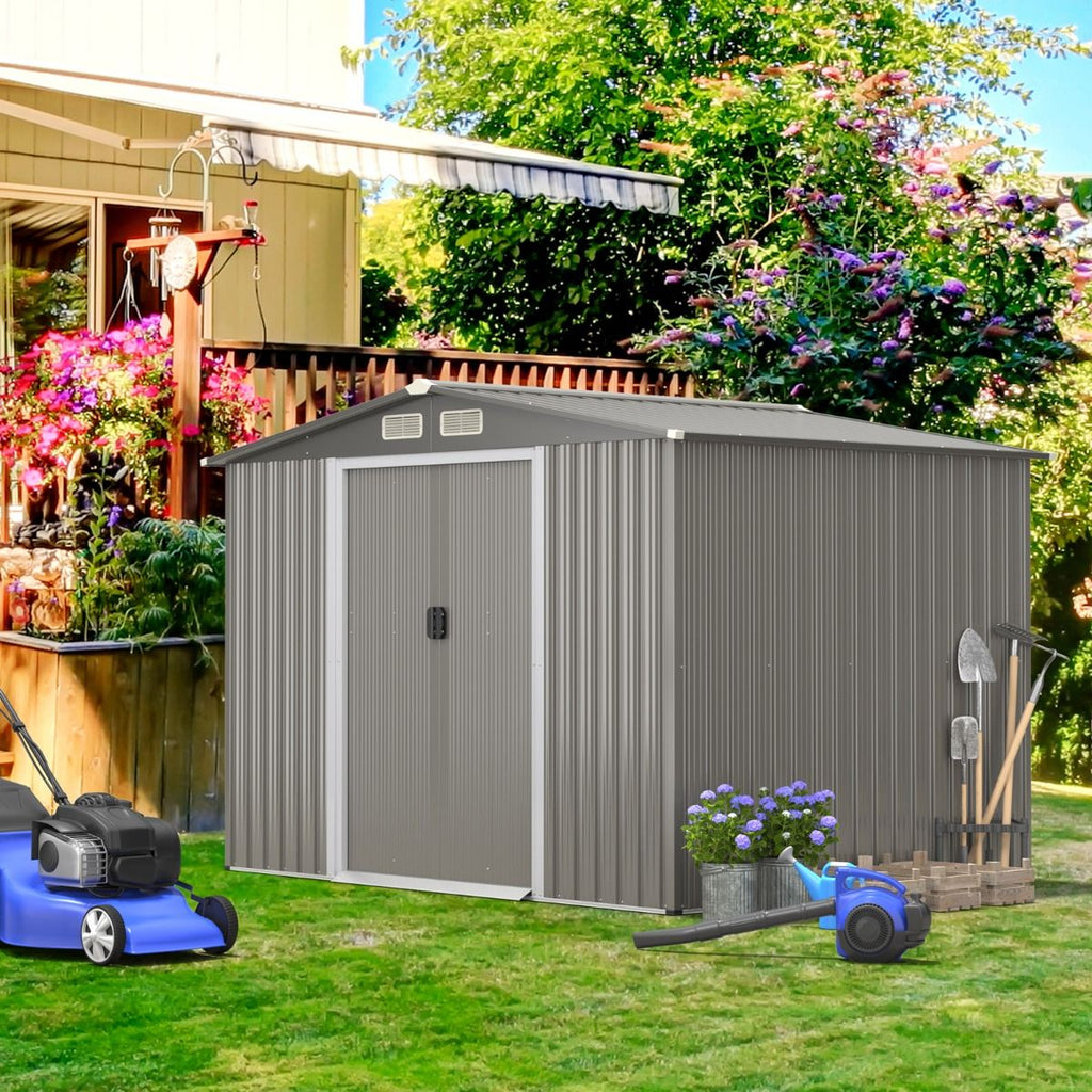 Abri de Jardin Métal Extérieur 9.74m³ Acier Galvanisé avec Fondation 4 Persiennes Double Porte et Rampe 260 x 207 x 181 cm Gris Foncé/Gris Clair -