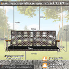 Load image into Gallery viewer, Banc Suspendu de Jardin en Rotin 2 Place Accoudoirs en Bois d'Acacia Cadre en Métal Coussin Cordes Crochets Blanc/Noir -