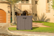 Load image into Gallery viewer, Duramax StoreAway 1200L Plastic Garden Shed/ Flat Lid,Outdoor Storage Shed,Wheelie Bin Hideaways,Wheelie bin box,Durable Construction,Ideal for Bikes,BBQs &amp; 2x 240L Bins,145x85x125 cm,Brown
