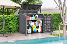 Load image into Gallery viewer, Duramax StoreAway 1200L Plastic Garden Shed/ Flat Lid,Outdoor Storage Shed,Wheelie Bin Hideaways,Wheelie bin box,Durable Construction,Ideal for Bikes,BBQs &amp; 2x 240L Bins,145x85x125 cm,Brown