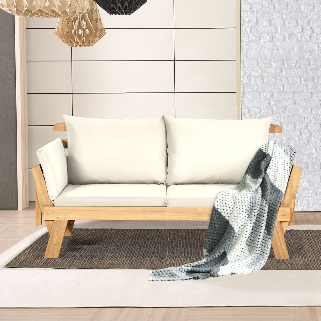 Chaise Longue Convertible avec Coussin Canapé de Jardin 2 en 1 en Bois d’Acacia avec Accoudoir Réglable pour Patio Piscine Jardin Blanc/Gris/Bleu/Rouge -