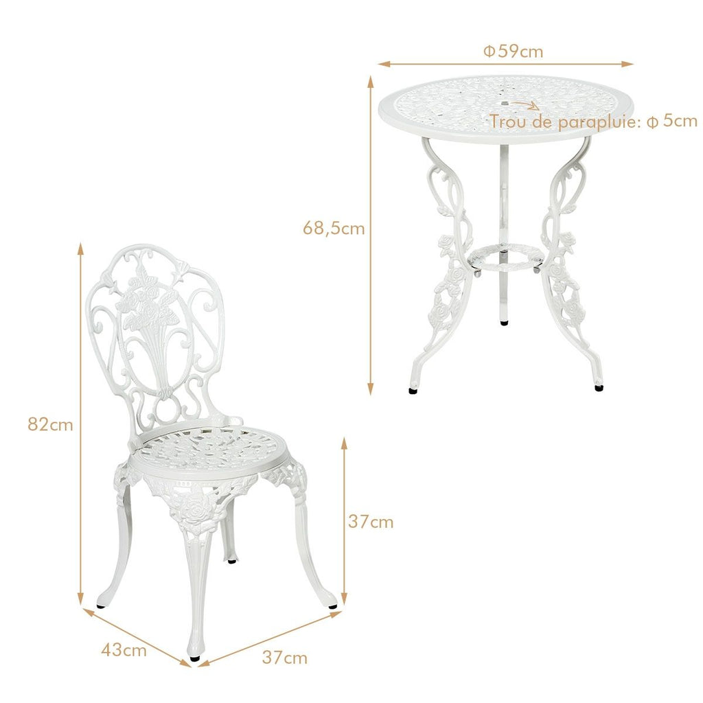 Ensemble Table et 2 Chaises pour Jardin en Aluminium en Forme de Rose Blanc Résistant aux Intempéries -