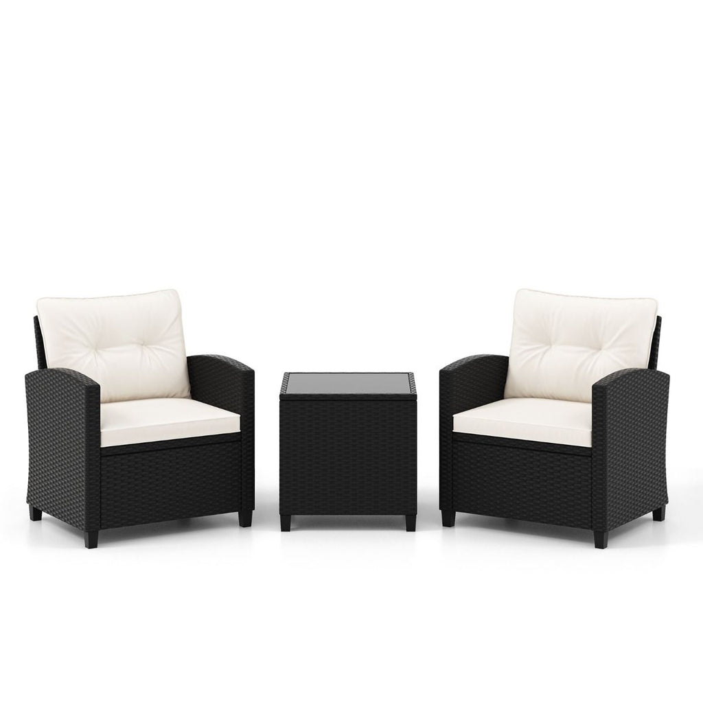 Ensemble de Meubles 3 Pices de Patio en Rotin Charge 180KG Salon de Jardin 2 Fauteuils Table Basse avec Plateau Noir/Beige/Blanc -