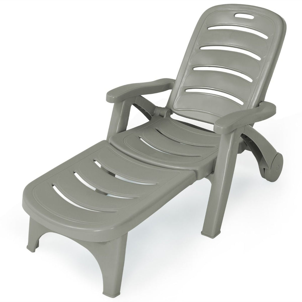 Chaise Longue Pliable Dossier Inclinable  5 Positions avec Roues Intgres pour Terrasse Jardin Piscine 150 kg Gris/Blanc/Bleu -
