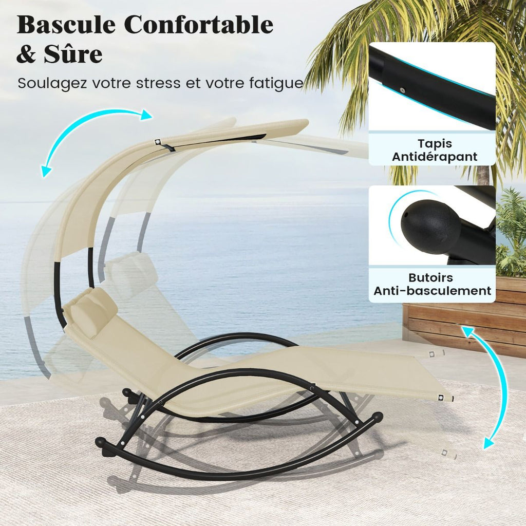Chaise Longue Double Chaise à Bascule pour 2 Personnes 2 Appui-Têtes Amovibles Cadre en Métal Robuste Lit de Repos Ergonomique 2 Places Gris/Noir/Beige -