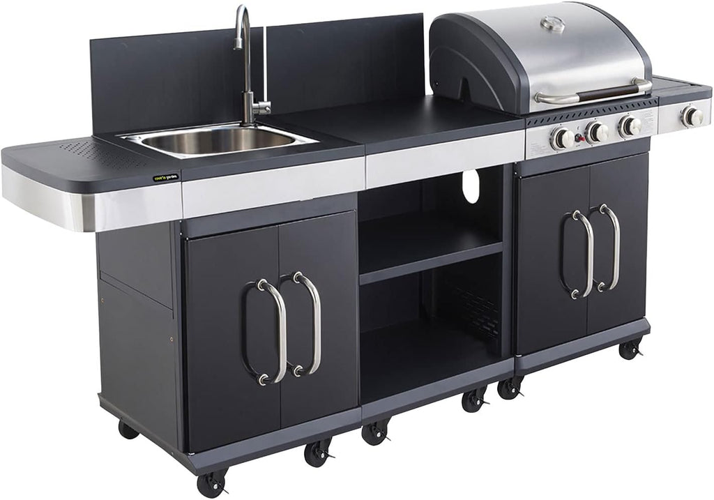 Cook'in Garden Cuisine extérieure modulable FIDGI 3 - Barbecue au gaz 3 brûleurs avec thermomètre Meuble d'appoint desserte et évier