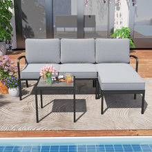 Load image into Gallery viewer, Ensemble Salon de Jardin 3 Pièces Ensemble de Canapé Rembourré d’Extérieur avec Table Basse Cadre en Métal Robuste Gris -