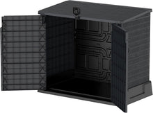 Load image into Gallery viewer, Duramax StoreAway 1200L Plastic Garden Shed/ Flat Lid,Outdoor Storage Shed,Wheelie Bin Hideaways,Wheelie bin box,Durable Construction,Ideal for Bikes,BBQs &amp; 2x 240L Bins,145x85x125 cm,Brown