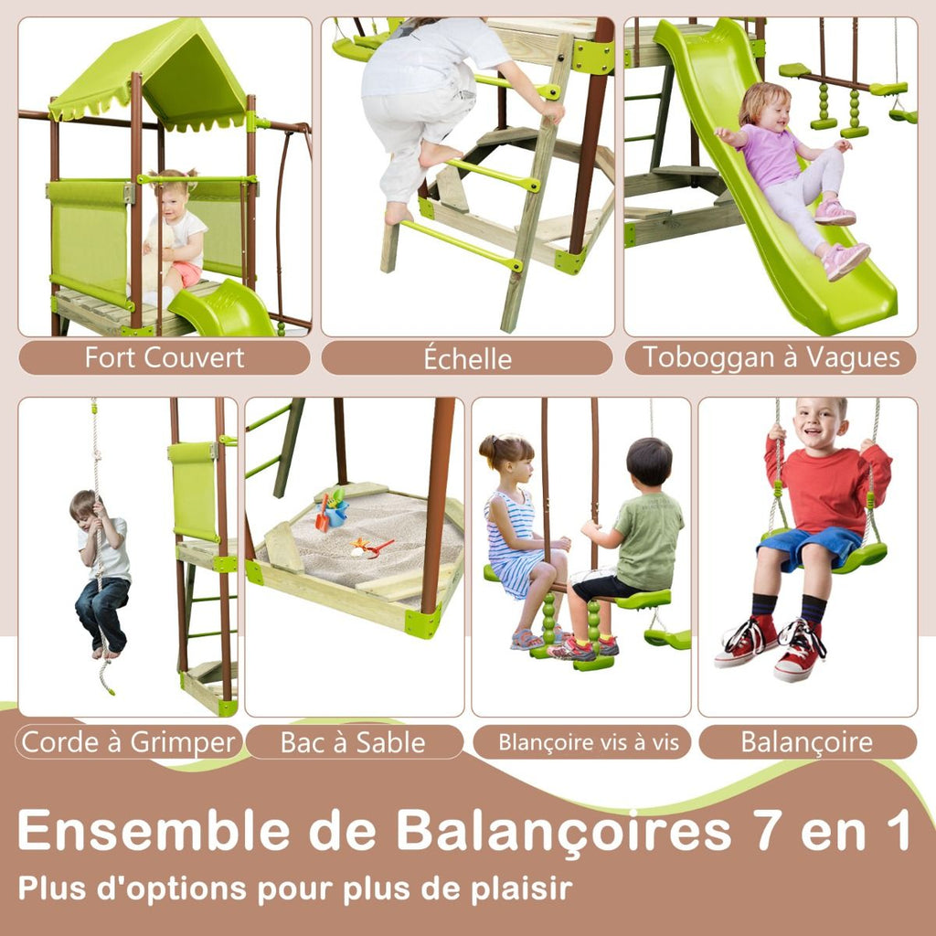 Balanoire 7-en-1 Aire de Jeu en Mtal avec Fort Couvert Rglable en Hauteur Corde d'Escalade Bac  Sable Glisseur Toboggan Ondul Vert -