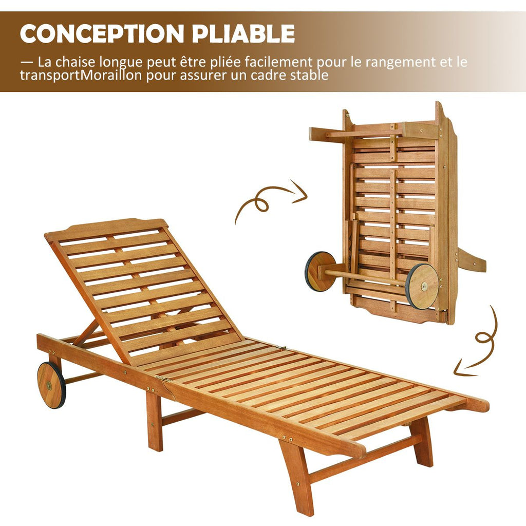 Chaise Longue Pliable en Bois avec 2 Roues et un Coussin Amovible Dossier Rglable Capacit Portante 160KG Idal pour L檈xtrieur -