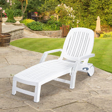 Load image into Gallery viewer, Chaise Longue Inclinable Rglable  5 Positions avec Roues Flexibles Fauteuil Relax de Camping avec Bo卯te de Rangement Charge 150KG Blanc -