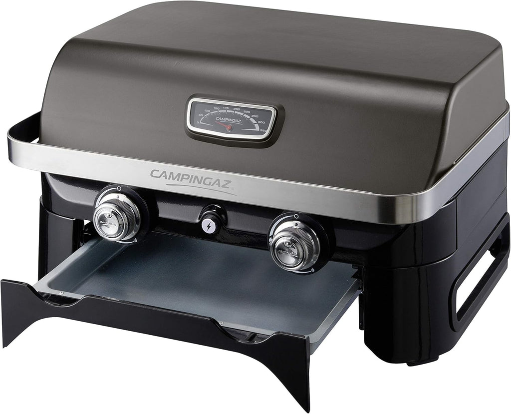 Attitude2go,Barbecue de Table  Faible fume,BBQ Portable, Couvercle,thermomtre,et Grille en Fonte,Alimentation : Cartouche de gaz CV 470 Plus,Gris