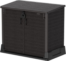 Load image into Gallery viewer, Duramax StoreAway 1200L Plastic Garden Shed/ Flat Lid,Outdoor Storage Shed,Wheelie Bin Hideaways,Wheelie bin box,Durable Construction,Ideal for Bikes,BBQs &amp; 2x 240L Bins,145x85x125 cm,Brown