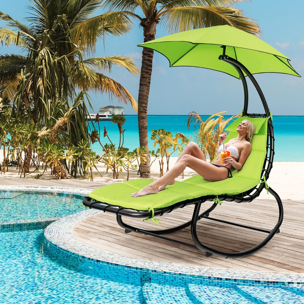 Bain de Soleil à Bascule Transat Suspendu avec Pare-Soleil & Coussin Hamac Charge 150KG 184 cm x 147 cm x 187 cm Vert -