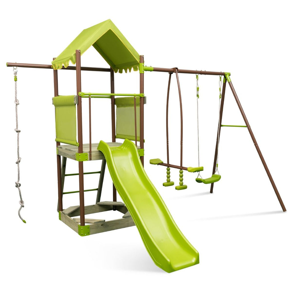 Balanoire 7-en-1 Aire de Jeu en Mtal avec Fort Couvert Rglable en Hauteur Corde d'Escalade Bac  Sable Glisseur Toboggan Ondul Vert -